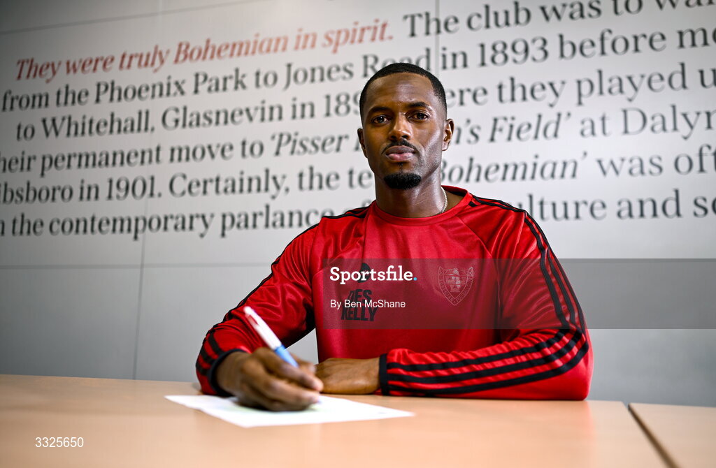 22 January 2026; Bohemians new signing Sadou Diallo poses for a portrait during his unveiling at Dalymount Park in Dublin. Photo by Ben McShane/Sportsfile
