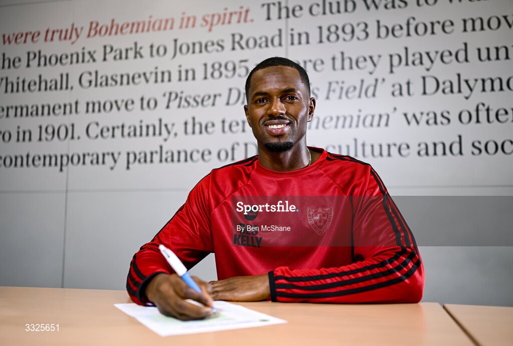 22 January 2026; Bohemians new signing Sadou Diallo poses for a portrait during his unveiling at Dalymount Park in Dublin. Photo by Ben McShane/Sportsfile