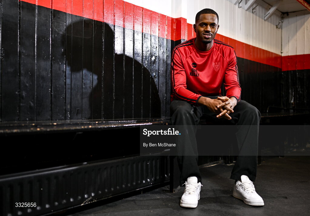 22 January 2026; Bohemians new signing Sadou Diallo poses for a portrait during his unveiling at Dalymount Park in Dublin. Photo by Ben McShane/Sportsfile