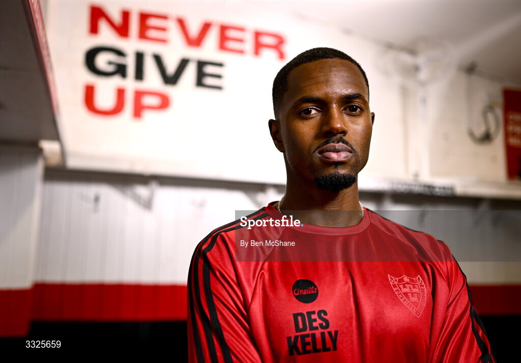 22 January 2026; Bohemians new signing Sadou Diallo poses for a portrait during his unveiling at Dalymount Park in Dublin. Photo by Ben McShane/Sportsfile