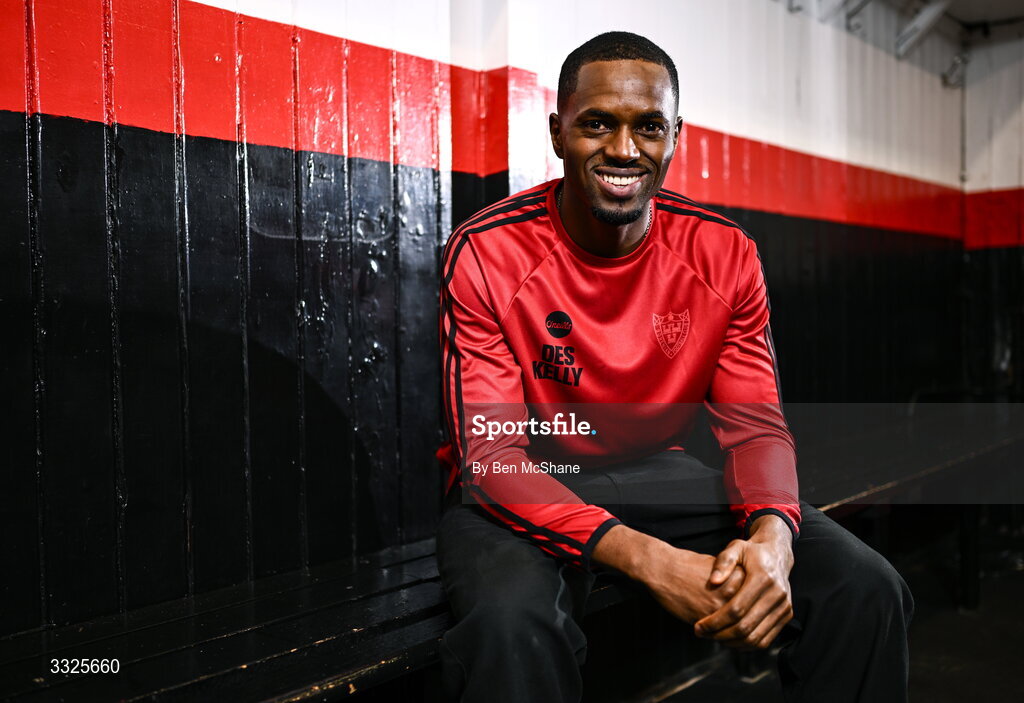 22 January 2026; Bohemians new signing Sadou Diallo poses for a portrait during his unveiling at Dalymount Park in Dublin. Photo by Ben McShane/Sportsfile