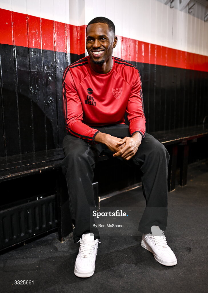 22 January 2026; Bohemians new signing Sadou Diallo poses for a portrait during his unveiling at Dalymount Park in Dublin. Photo by Ben McShane/Sportsfile