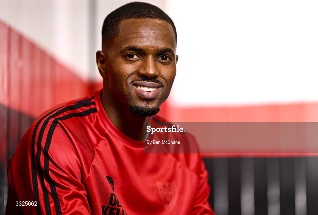 22 January 2026; Bohemians new signing Sadou Diallo poses for a portrait during his unveiling at Dalymount Park in Dublin. Photo by Ben McShane/Sportsfile