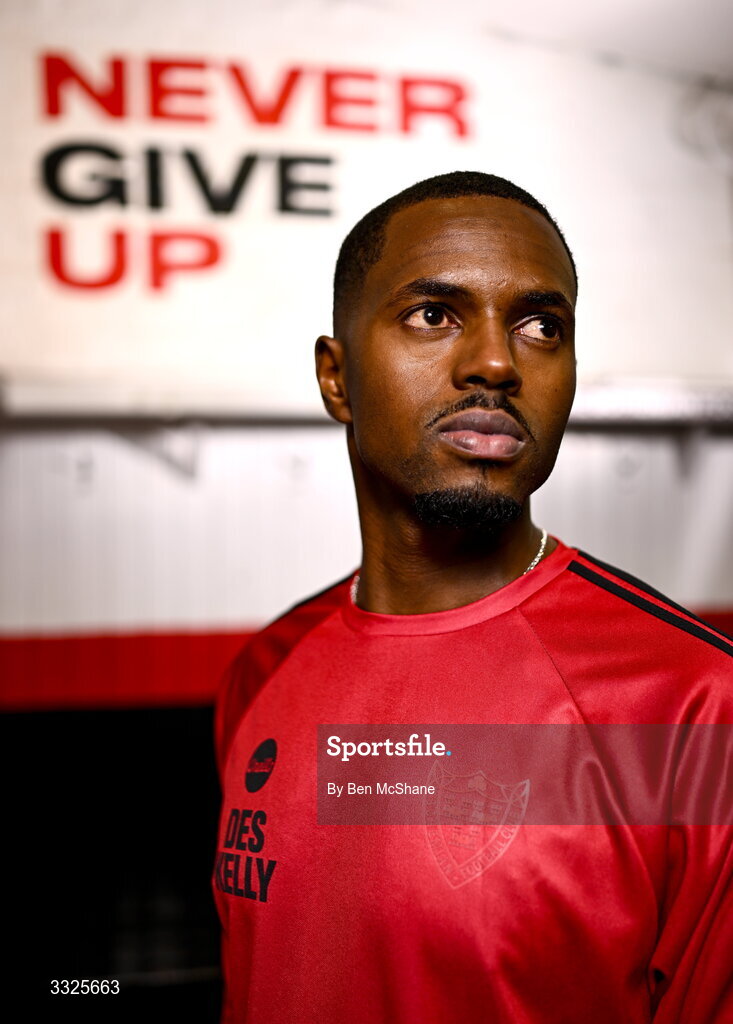 22 January 2026; Bohemians new signing Sadou Diallo poses for a portrait during his unveiling at Dalymount Park in Dublin. Photo by Ben McShane/Sportsfile