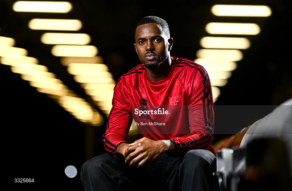 22 January 2026; Bohemians new signing Sadou Diallo poses for a portrait during his unveiling at Dalymount Park in Dublin. Photo by Ben McShane/Sportsfile