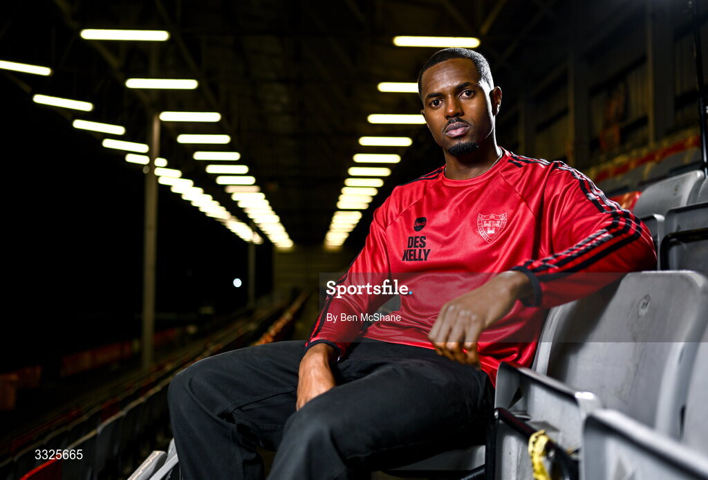 22 January 2026; Bohemians new signing Sadou Diallo poses for a portrait during his unveiling at Dalymount Park in Dublin. Photo by Ben McShane/Sportsfile
