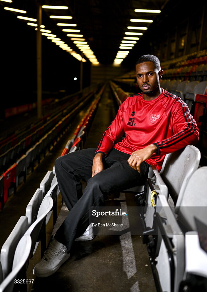 22 January 2026; Bohemians new signing Sadou Diallo poses for a portrait during his unveiling at Dalymount Park in Dublin. Photo by Ben McShane/Sportsfile