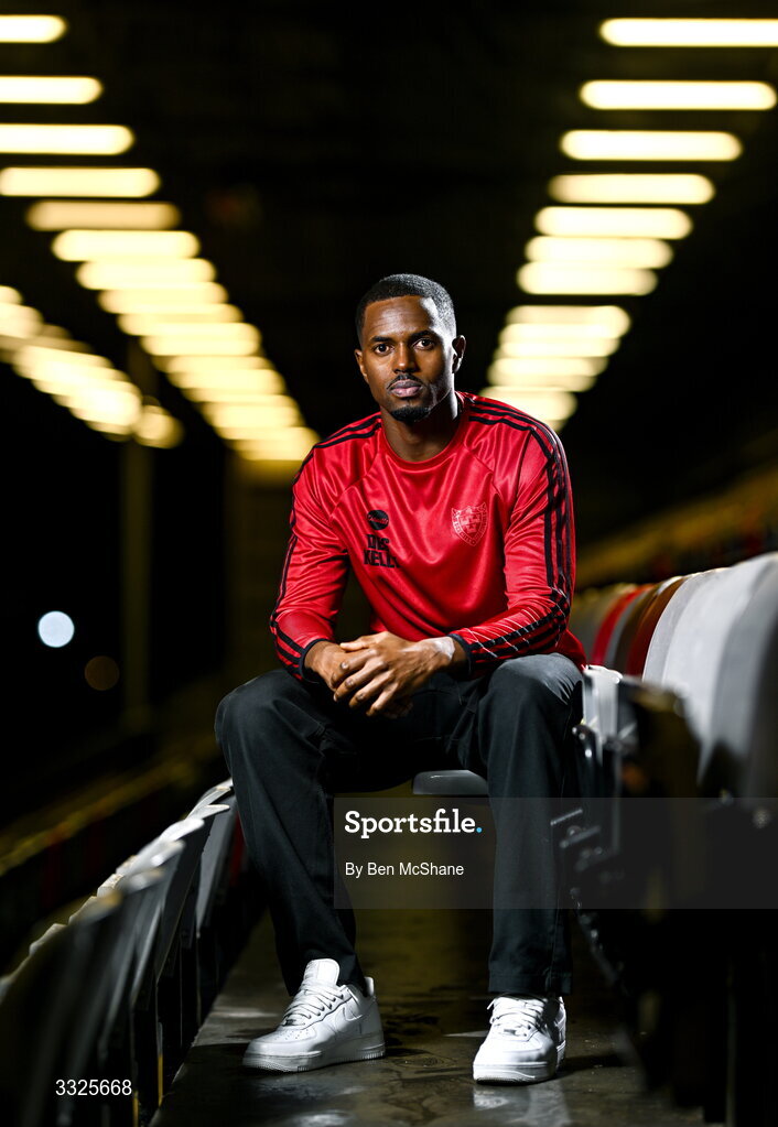 22 January 2026; Bohemians new signing Sadou Diallo poses for a portrait during his unveiling at Dalymount Park in Dublin. Photo by Ben McShane/Sportsfile