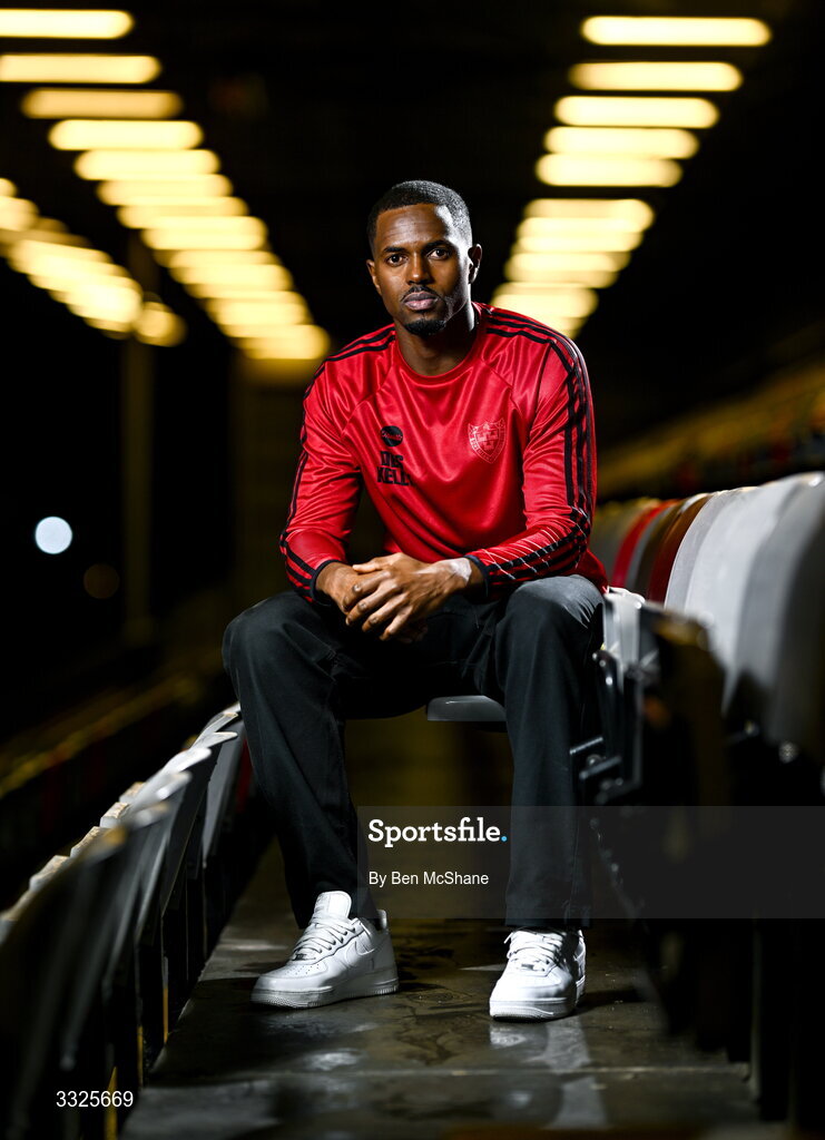 22 January 2026; Bohemians new signing Sadou Diallo poses for a portrait during his unveiling at Dalymount Park in Dublin. Photo by Ben McShane/Sportsfile