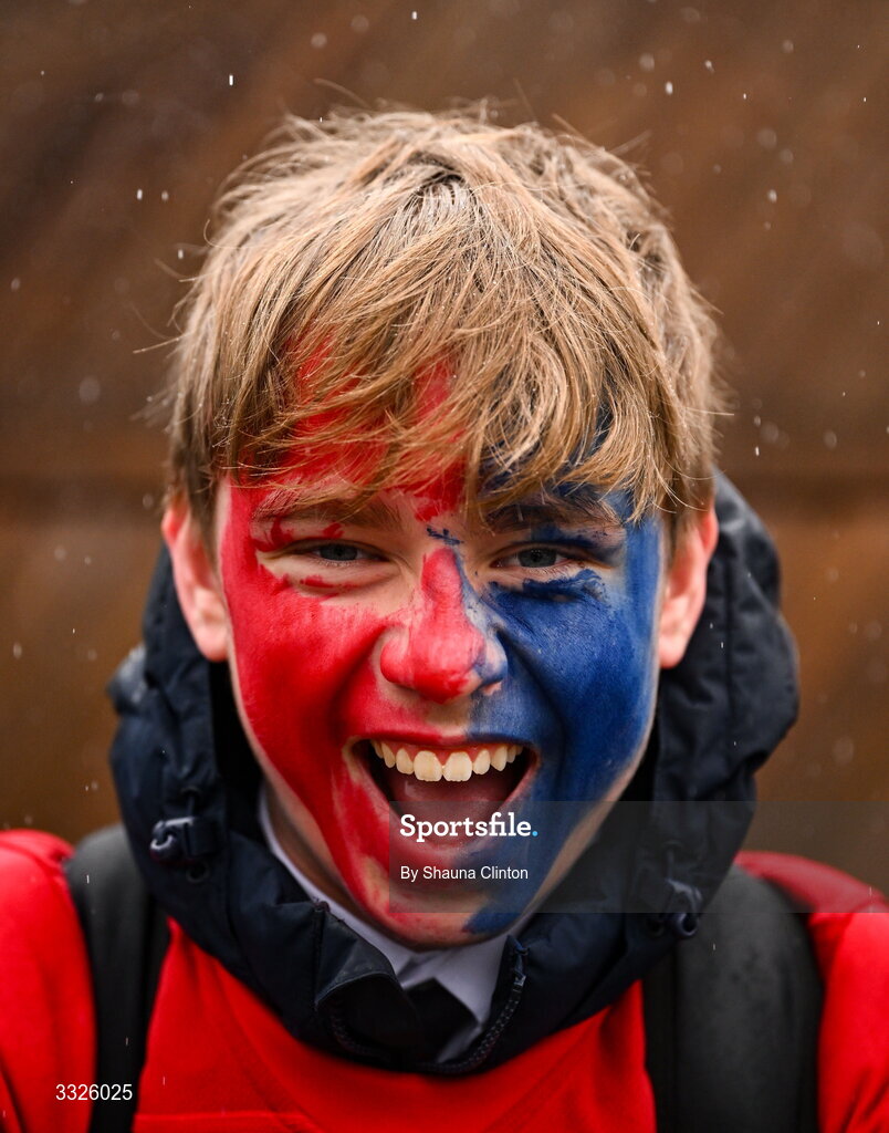 22 January 2026; CUS supporter James Kirwan before during the Bank of Ireland Leinster Rugby Boys Schools Fr Godfrey Cup semi-final match between Wesley College and CUS at Energia Park in Dublin. Photo by Shauna Clinton/Sportsfile