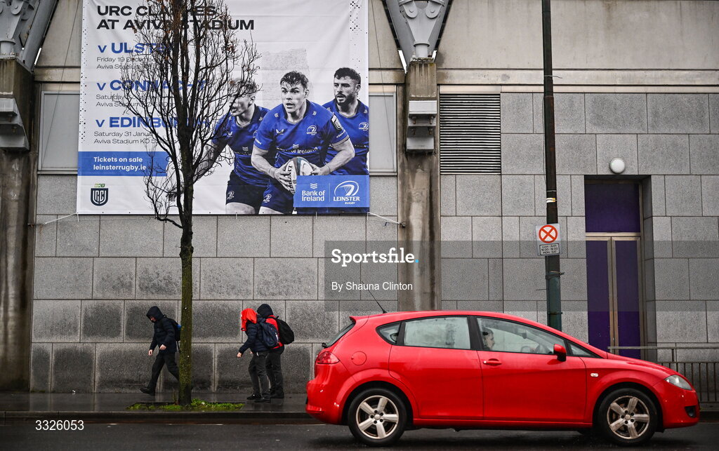 22 January 2026; CUS supporters arrive before during the Bank of Ireland Leinster Rugby Boys Schools Fr Godfrey Cup semi-final match between Wesley College and CUS at Energia Park in Dublin. Photo by Shauna Clinton/Sportsfile