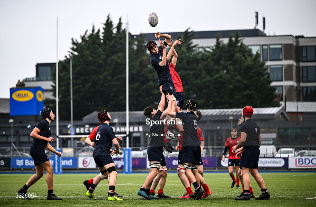 22 January 2026; Jacob Hanna of Wesley College wins possession in a lineout Robert Clarke of CUS during the Bank of Ireland Leinster Rugby Boys Schools Fr Godfrey Cup semi-final match between Wesley College and CUS at Energia Park in Dublin. Photo by Shauna Clinton/Sportsfile