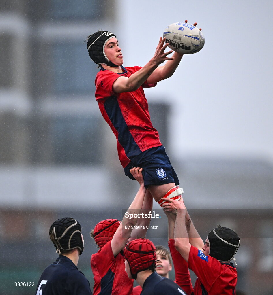 22 January 2026; Robert Clarke of CUS wins possession in a lineout during the Bank of Ireland Leinster Rugby Boys Schools Fr Godfrey Cup semi-final match between Wesley College and CUS at Energia Park in Dublin. Photo by Shauna Clinton/Sportsfile