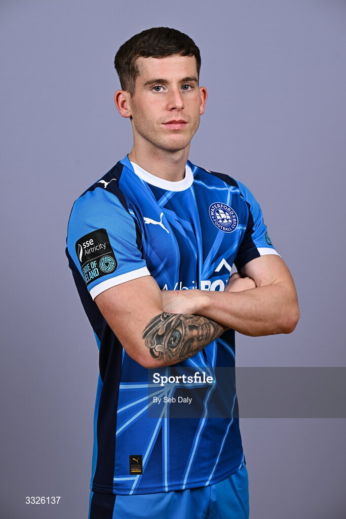 21 January 2026; Evan McLaughlin during a Waterford FC squad portraits session at the SETU Arena in Carriganore, Waterford. Photo by Seb Daly/Sportsfile