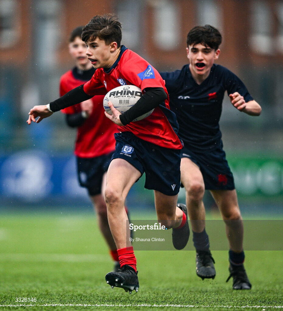 22 January 2026; Darragh Reid of CUS makes a break during the Bank of Ireland Leinster Rugby Boys Schools Fr Godfrey Cup semi-final match between Wesley College and CUS at Energia Park in Dublin. Photo by Shauna Clinton/Sportsfile