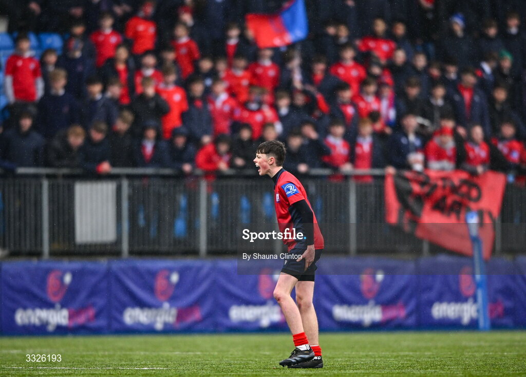 22 January 2026; Olly McQuade of CUS during the Bank of Ireland Leinster Rugby Boys Schools Fr Godfrey Cup semi-final match between Wesley College and CUS at Energia Park in Dublin. Photo by Shauna Clinton/Sportsfile