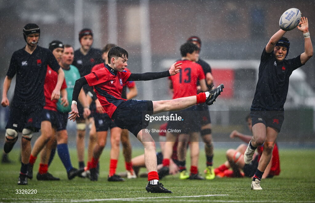 22 January 2026; Danny O'Brien of CUS kicks on during the Bank of Ireland Leinster Rugby Boys Schools Fr Godfrey Cup semi-final match between Wesley College and CUS at Energia Park in Dublin. Photo by Shauna Clinton/Sportsfile