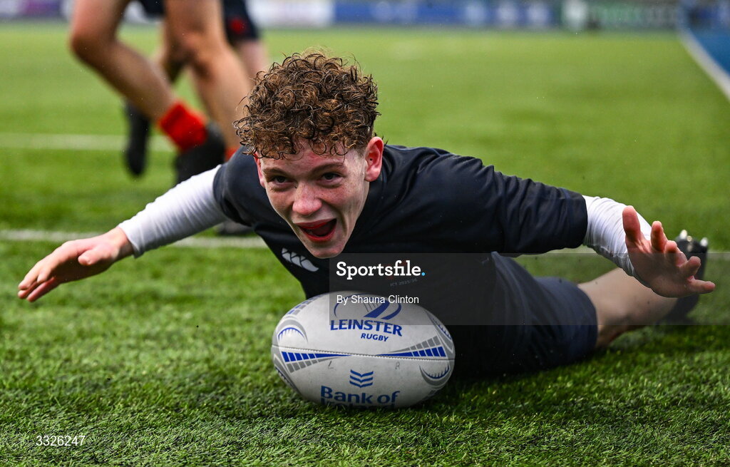 22 January 2026; Harry Greene of Wesly College celebrates after scoring his side's third try during the Bank of Ireland Leinster Rugby Boys Schools Fr Godfrey Cup semi-final match between Wesley College and CUS at Energia Park in Dublin. Photo by Shauna Clinton/Sportsfile