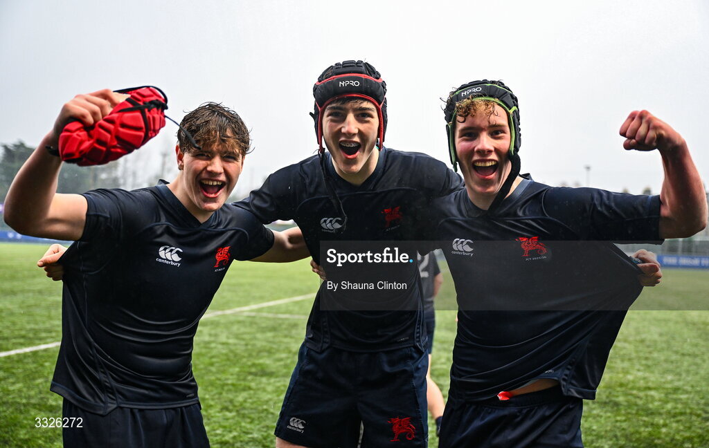 22 January 2026; Wesley College players, from left, Harry Cole, Jacob Hanna and James Mitchell celebrate after their side's victory in the Bank of Ireland Leinster Rugby Boys Schools Fr Godfrey Cup semi-final match between Wesley College and CUS at Energia Park in Dublin. Photo by Shauna Clinton/Sportsfile