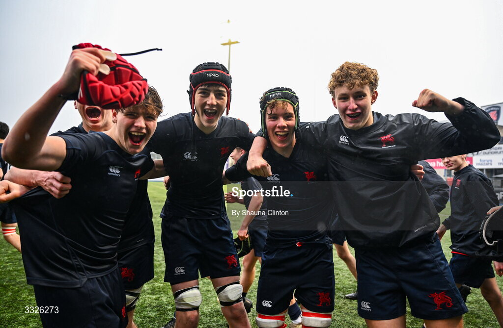 22 January 2026; Wesley College players, including Jacob Hanna, centre, celebrate after their side's victory in the Bank of Ireland Leinster Rugby Boys Schools Fr Godfrey Cup semi-final match between Wesley College and CUS at Energia Park in Dublin. Photo by Shauna Clinton/Sportsfile