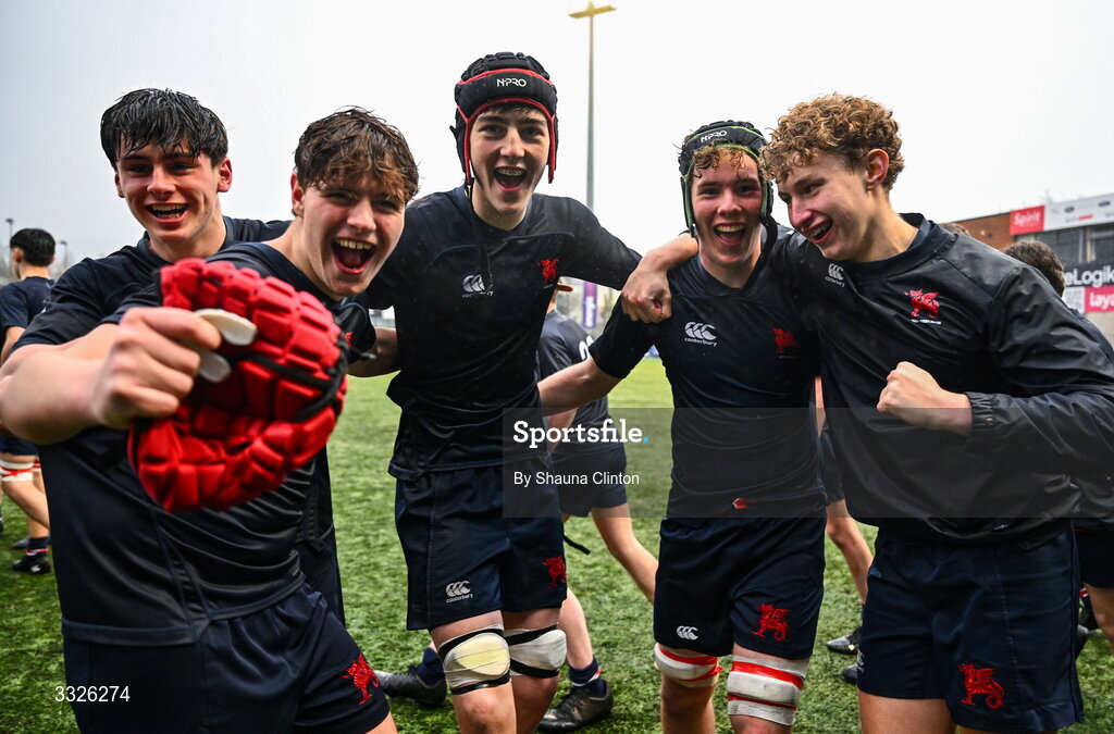 22 January 2026; Wesley College players, including Jacob Hanna, centre, celebrate after their side's victory in the Bank of Ireland Leinster Rugby Boys Schools Fr Godfrey Cup semi-final match between Wesley College and CUS at Energia Park in Dublin. Photo by Shauna Clinton/Sportsfile