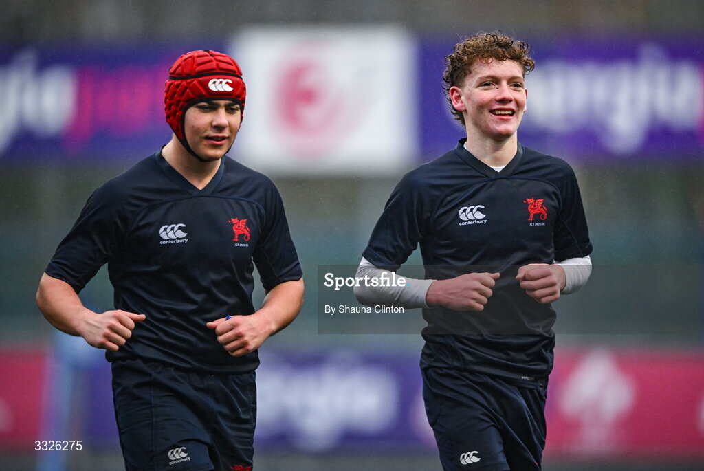 22 January 2026; Wesley College players Harry Greene, right, and Graeme Wildish celebrate after their side's victory in the Bank of Ireland Leinster Rugby Boys Schools Fr Godfrey Cup semi-final match between Wesley College and CUS at Energia Park in Dublin. Photo by Shauna Clinton/Sportsfile