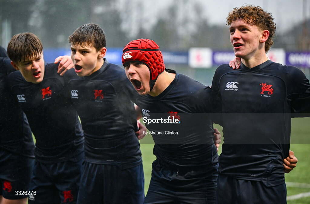 22 January 2026; Wesley College players, including captain Graeme Wildish, centre, celebrate after their side's victory in the Bank of Ireland Leinster Rugby Boys Schools Fr Godfrey Cup semi-final match between Wesley College and CUS at Energia Park in Dublin. Photo by Shauna Clinton/Sportsfile