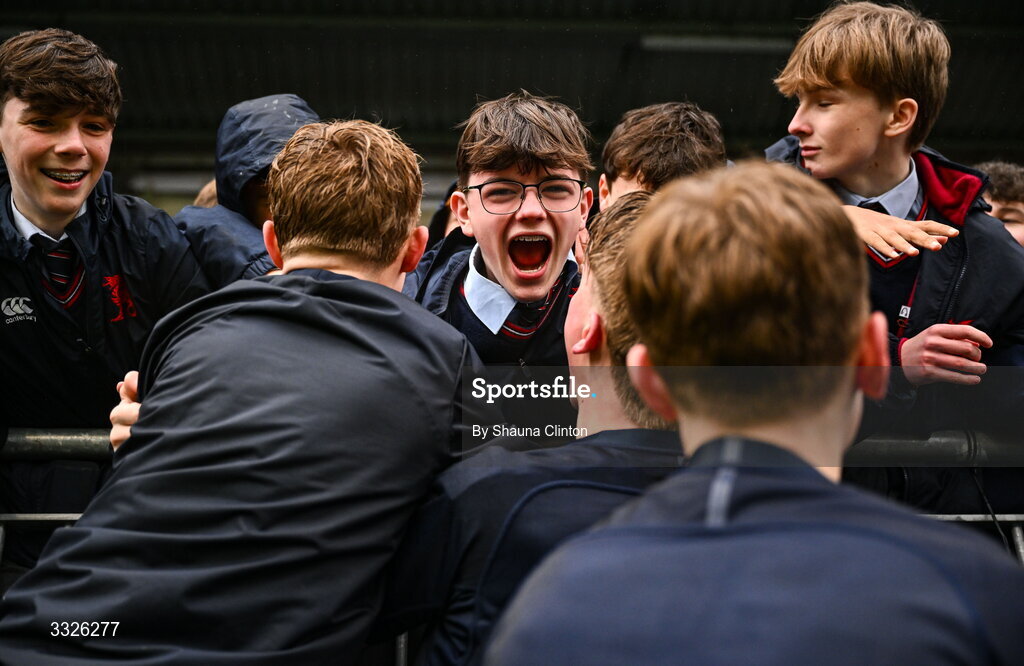 22 January 2026; Wesley College players celebrate with supporters after their side's victory in the Bank of Ireland Leinster Rugby Boys Schools Fr Godfrey Cup semi-final match between Wesley College and CUS at Energia Park in Dublin. Photo by Shauna Clinton/Sportsfile
