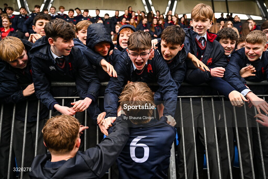 22 January 2026; Wesley College players celebrate with supporters after their side's victory in the Bank of Ireland Leinster Rugby Boys Schools Fr Godfrey Cup semi-final match between Wesley College and CUS at Energia Park in Dublin. Photo by Shauna Clinton/Sportsfile