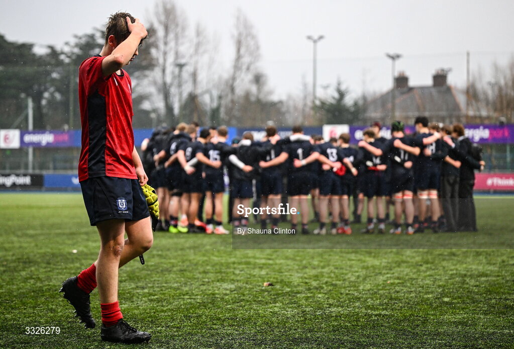 22 January 2026; Joe Morrissey of CUS leaves the pitch dejecetd after his side's defeat in the Bank of Ireland Leinster Rugby Boys Schools Fr Godfrey Cup semi-final match between Wesley College and CUS at Energia Park in Dublin. Photo by Shauna Clinton/Sportsfile