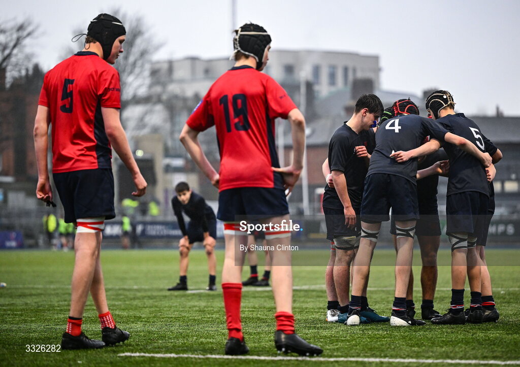 22 January 2026; Wesley College players huddle during the Bank of Ireland Leinster Rugby Boys Schools Fr Godfrey Cup semi-final match between Wesley College and CUS at Energia Park in Dublin. Photo by Shauna Clinton/Sportsfile