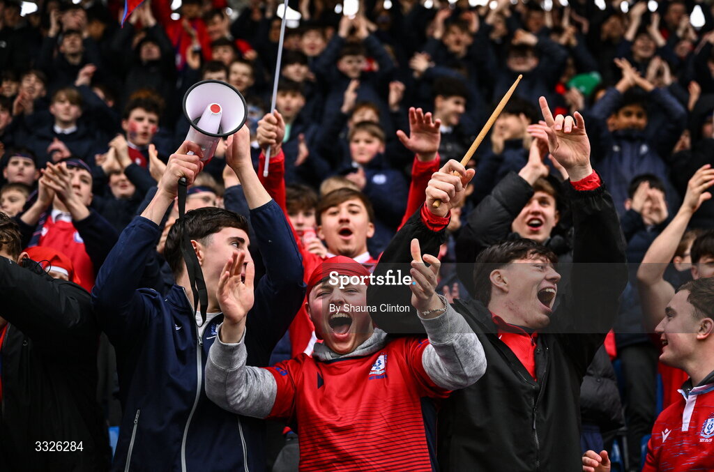 22 January 2026; CUS supporters during the Bank of Ireland Leinster Rugby Boys Schools Fr Godfrey Cup semi-final match between Wesley College and CUS at Energia Park in Dublin. Photo by Shauna Clinton/Sportsfile