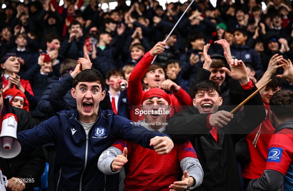 22 January 2026; CUS supporters during the Bank of Ireland Leinster Rugby Boys Schools Fr Godfrey Cup semi-final match between Wesley College and CUS at Energia Park in Dublin. Photo by Shauna Clinton/Sportsfile