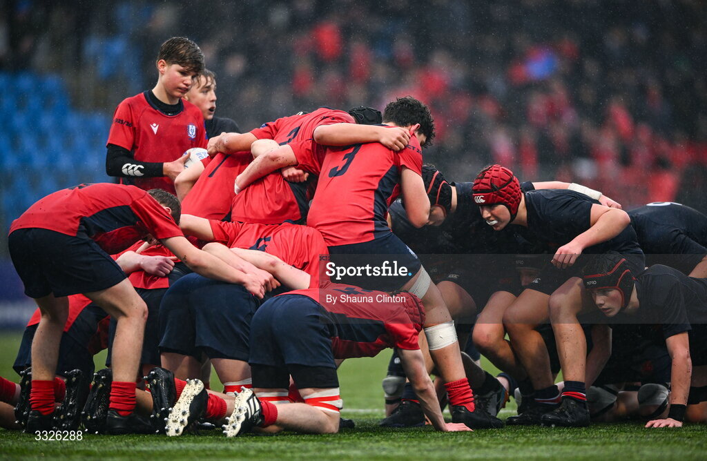 22 January 2026; A general view of a scrum during the Bank of Ireland Leinster Rugby Boys Schools Fr Godfrey Cup semi-final match between Wesley College and CUS at Energia Park in Dublin. Photo by Shauna Clinton/Sportsfile