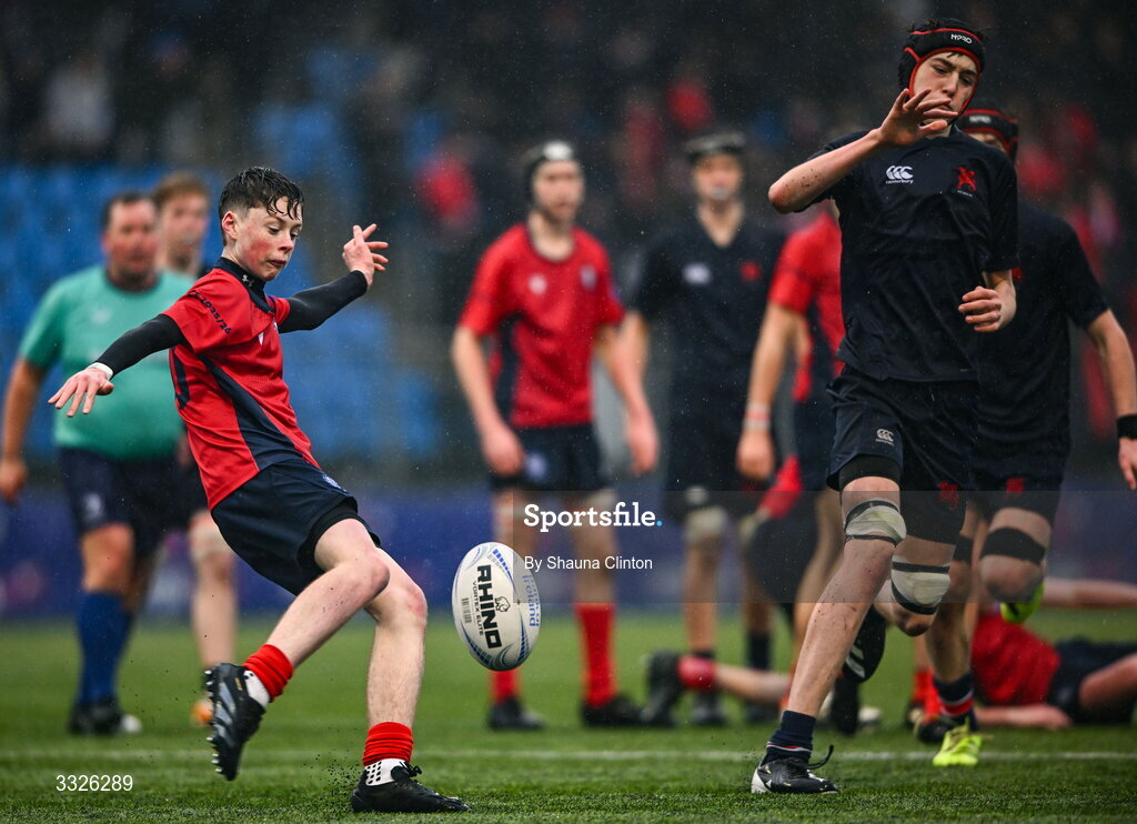 22 January 2026; Olly McQuade of CUS during the Bank of Ireland Leinster Rugby Boys Schools Fr Godfrey Cup semi-final match between Wesley College and CUS at Energia Park in Dublin. Photo by Shauna Clinton/Sportsfile