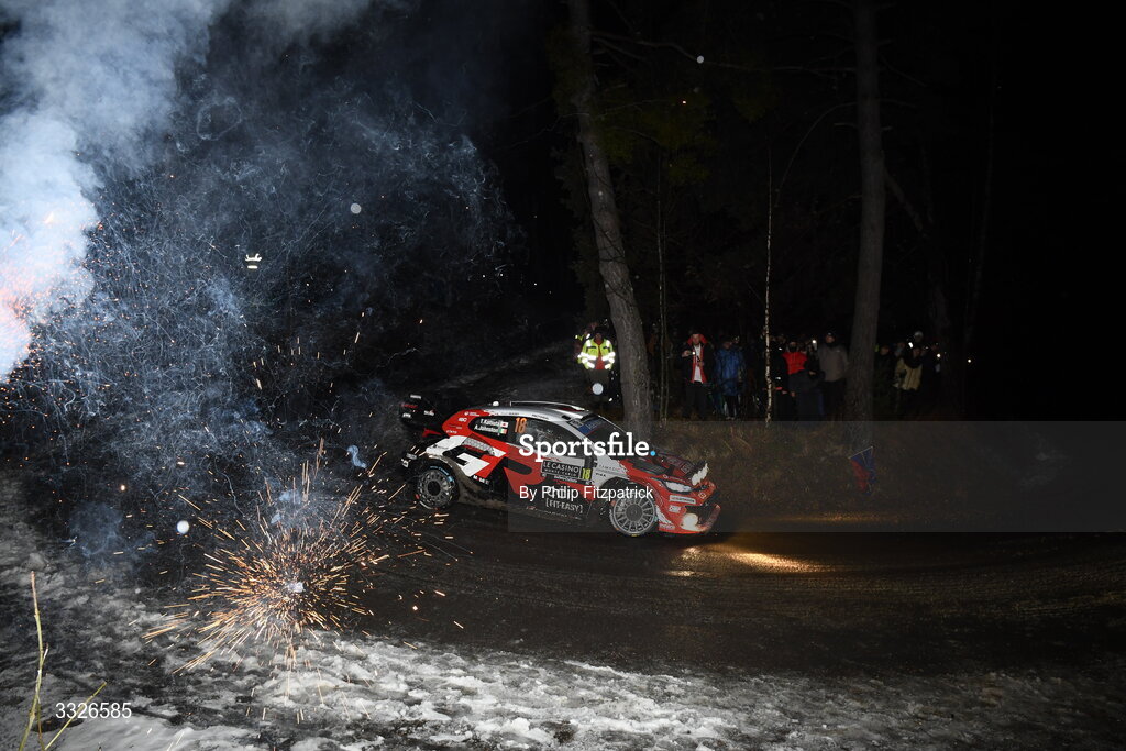 22 January 2026; Takamoto Katsuta and Aaron Johnston compete in their Toyota GR Yaris Rally1 during day two of the FIA World Rally Championship Round One in Monte Carlo, France. Photo by Philip Fitzpatrick/Sportsfile