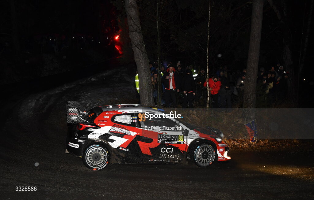 22 January 2026; Oliver Solberg and Elliott Edmondson compete in their Toyota GR Yaris Rally1 during day two of the FIA World Rally Championship Round One in Monte Carlo, France. Photo by Philip Fitzpatrick/Sportsfile