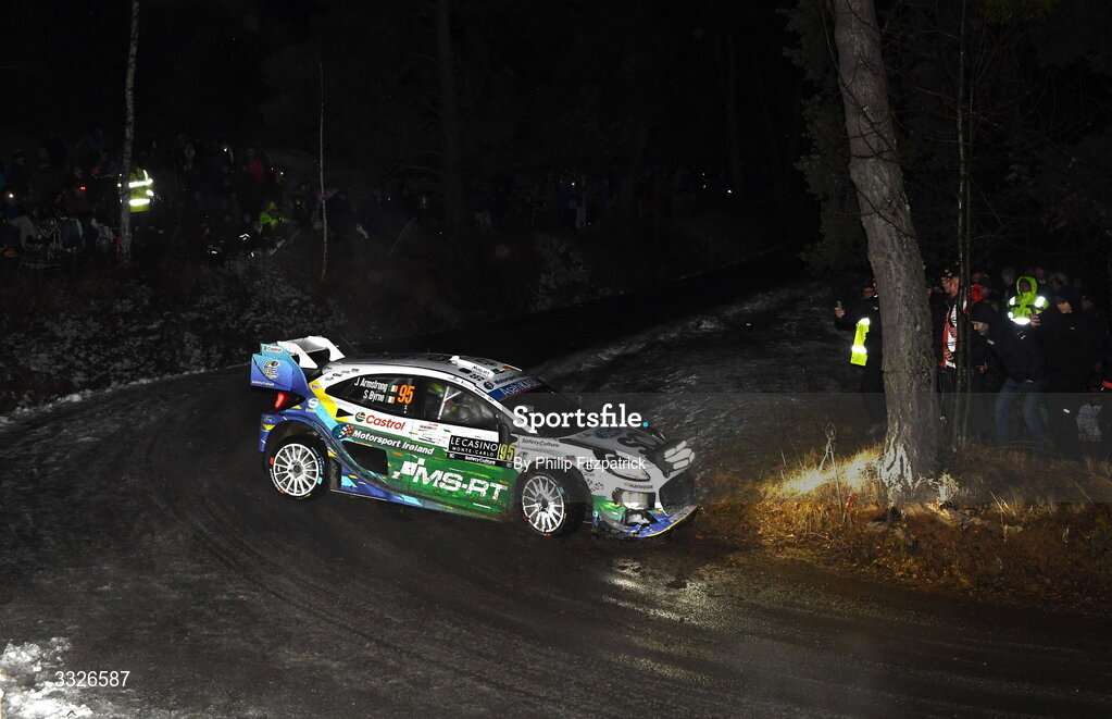 22 January 2026; Ireland's Jon Armstrong and Shane Byrne compete in their Ford Puma Rally1 during day two of the FIA World Rally Championship Round One in Monte Carlo, France. Photo by Philip Fitzpatrick/Sportsfile