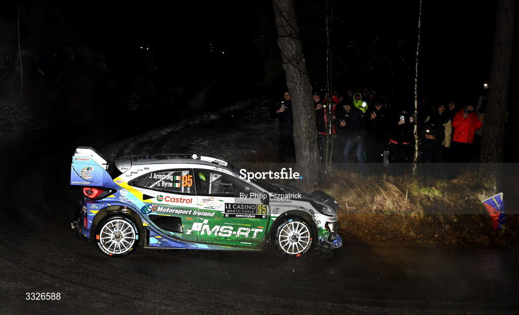 22 January 2026; Ireland's Jon Armstrong and Shane Byrne compete in their Ford Puma Rally1 during day two of the FIA World Rally Championship Round One in Monte Carlo, France. Photo by Philip Fitzpatrick/Sportsfile