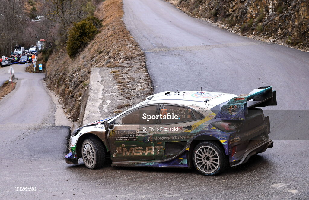 23 January 2026; Ireland's Jon Armstrong and Shane Byrne compete in their Ford Puma Rally1 during day three of the FIA World Rally Championship Round One in Monte Carlo, France. Photo by Philip Fitzpatrick/Sportsfile