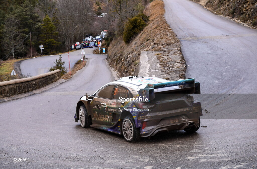 23 January 2026; Ireland's Jon Armstrong and Shane Byrne compete in their Ford Puma Rally1 during day three of the FIA World Rally Championship Round One in Monte Carlo, France. Photo by Philip Fitzpatrick/Sportsfile