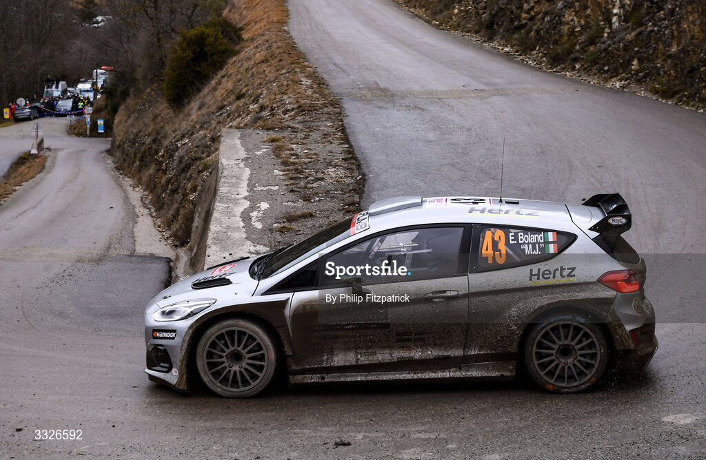 23 January 2026; Eamonn Boland and MJ Morrisey of Ireland compete in their Ford Fiesta Mk II during day three of the FIA World Rally Championship Round One in Monte Carlo, France. Photo by Philip Fitzpatrick/Sportsfile
