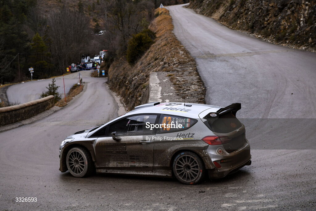 23 January 2026; Eamonn Boland and MJ Morrisey of Ireland compete in their Ford Fiesta Mk II during day three of the FIA World Rally Championship Round One in Monte Carlo, France. Photo by Philip Fitzpatrick/Sportsfile