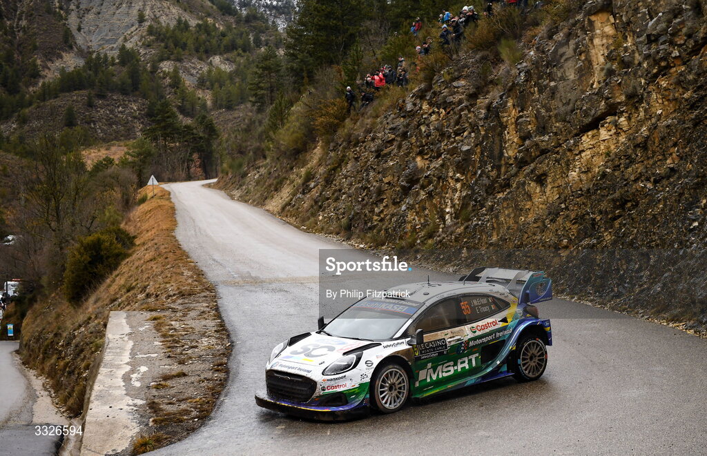 23 January 2026; Ireland's Joshua McErlean and Eoin Treacy compete in their Ford Puma Rally1 during day three of the FIA World Rally Championship Round One in Monte Carlo, France. Photo by Philip Fitzpatrick/Sportsfile