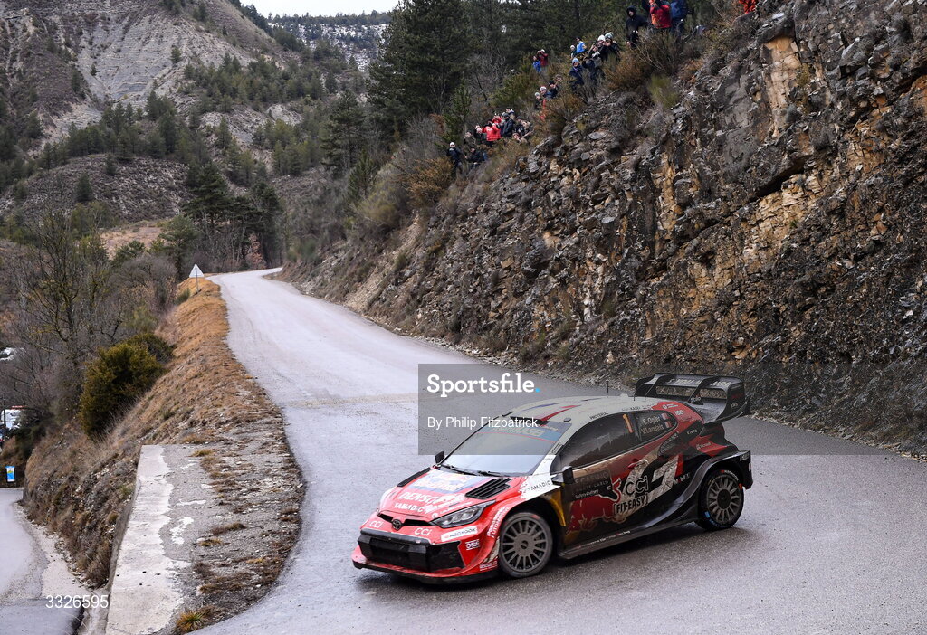 23 January 2026; Sébastien Ogier and Vincent Landias of France compete in their Toyota GR Yaris Rally1 during day three of the FIA World Rally Championship Round One in Monte Carlo, France. Photo by Philip Fitzpatrick/Sportsfile