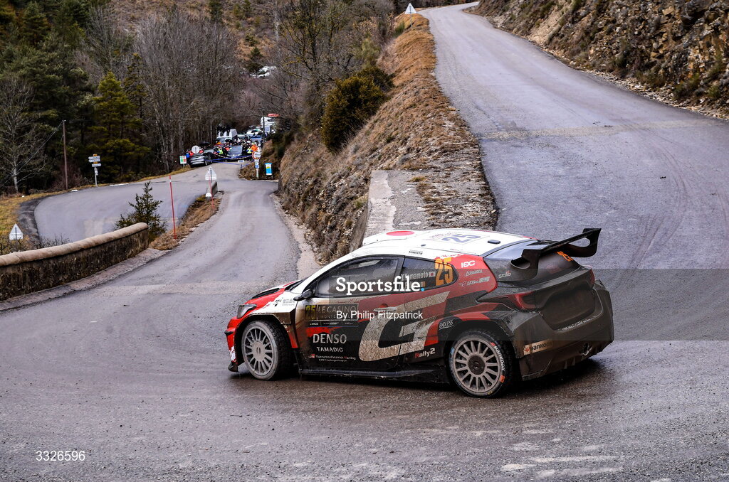 23 January 2026; Yuki Yamamoto of Japan and James Fulton of Ireland compete in their Toyota GR Yaris during day three of the FIA World Rally Championship Round One in Monte Carlo, France. Photo by Philip Fitzpatrick/Sportsfile