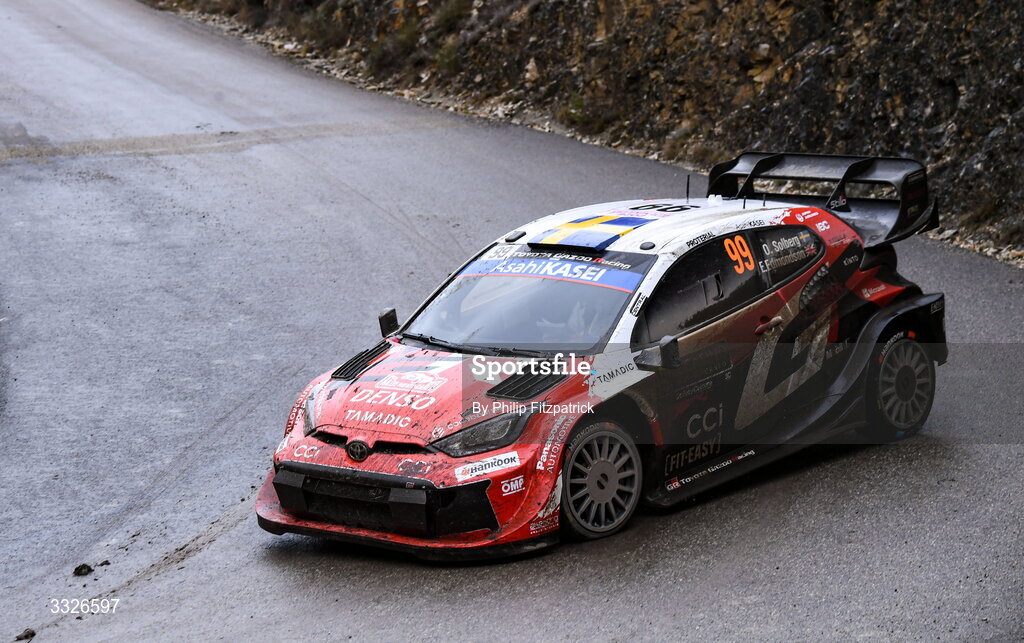 23 January 2026; Oliver Solberg of Sweden and Elliott Edmondson of Great Britain compete in their Toyota GR Yaris Rally1 during day three of the FIA World Rally Championship Round One in Monte Carlo, France. Photo by Philip Fitzpatrick/Sportsfile