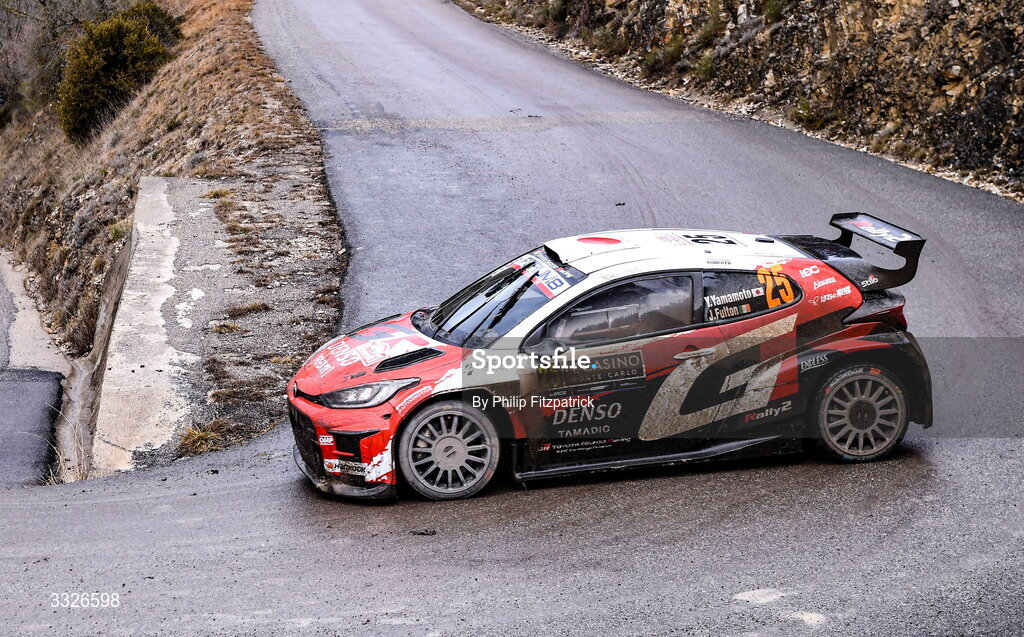 23 January 2026; Yuki Yamamoto of Japan and James Fulton of Ireland compete in their Toyota GR Yaris during day three of the FIA World Rally Championship Round One in Monte Carlo, France. Photo by Philip Fitzpatrick/Sportsfile