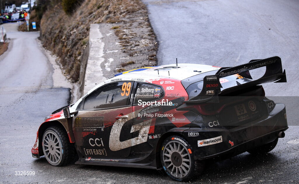 23 January 2026; Oliver Solberg of Sweden and Elliott Edmondson of Great Britain compete in their Toyota GR Yaris Rally1 during day three of the FIA World Rally Championship Round One in Monte Carlo, France. Photo by Philip Fitzpatrick/Sportsfile
