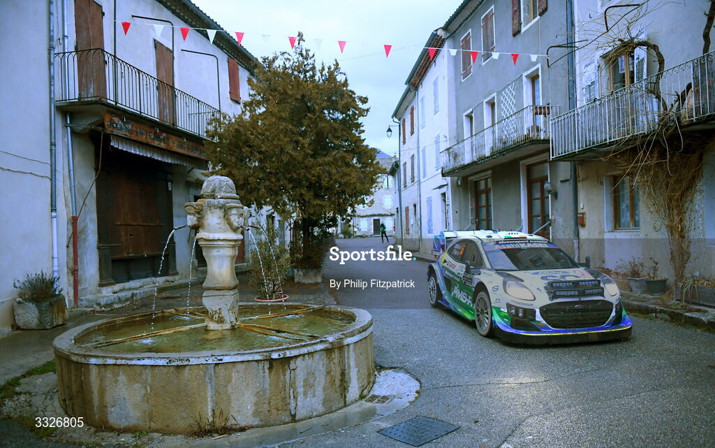23 January 2026; Ireland's Joshua McErlean and Eoin Treacy compete in their Ford Puma Rally1 during day three of the FIA World Rally Championship Round One in Monte Carlo, France. Photo by Philip Fitzpatrick/Sportsfile